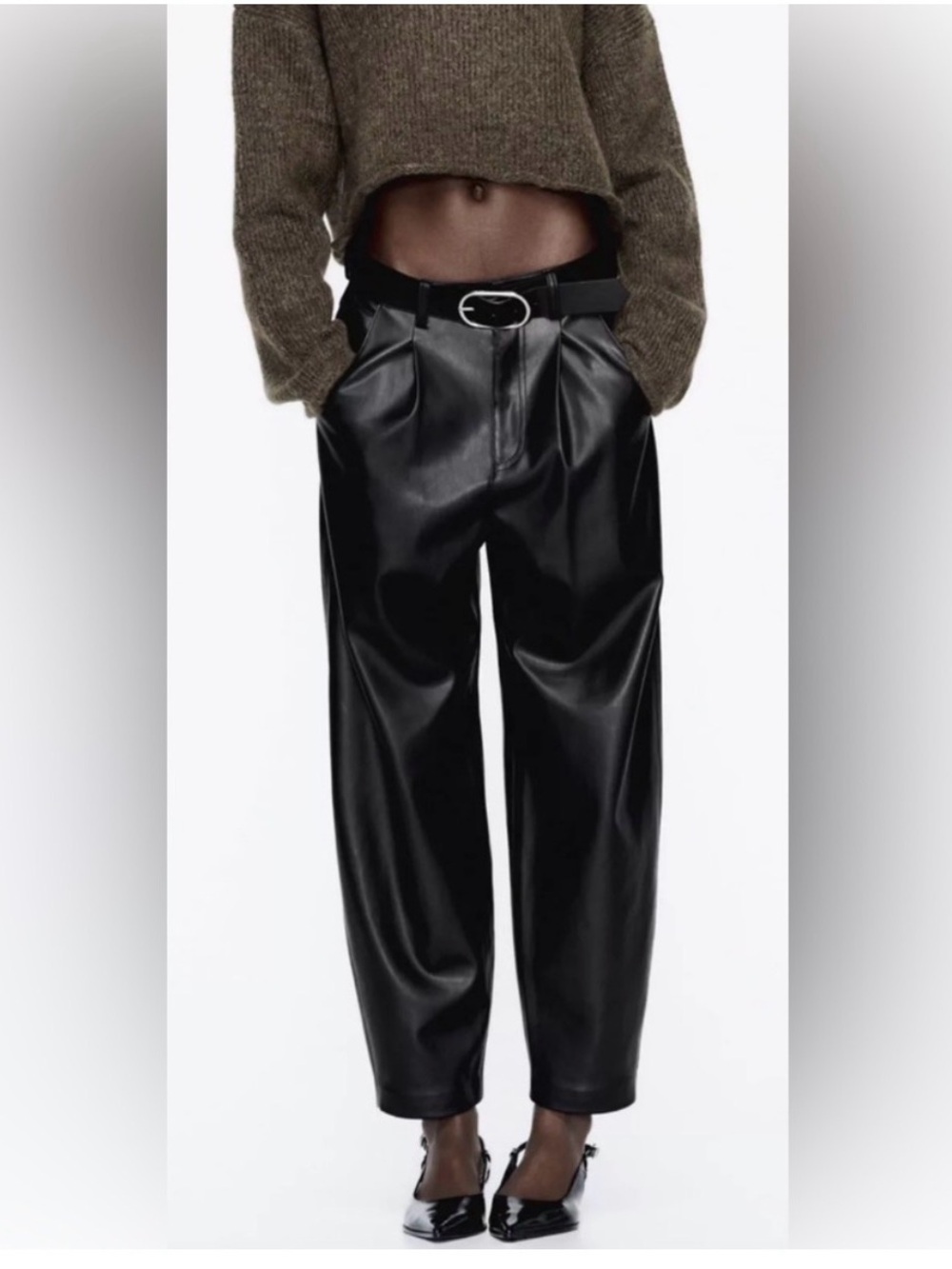 Zara Black Faux Leather Belted Baggy Women's Pants Size 10